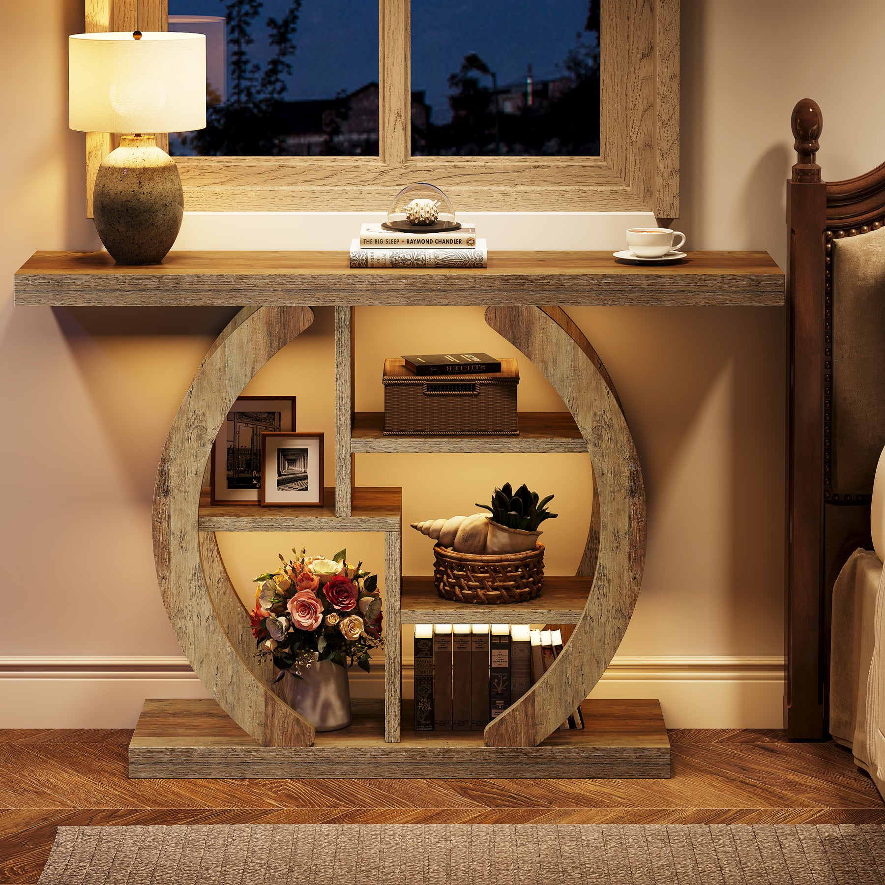 108 cm Houten Consoletafel met 4 Lagen Opslag en Cirkelvormige Basis