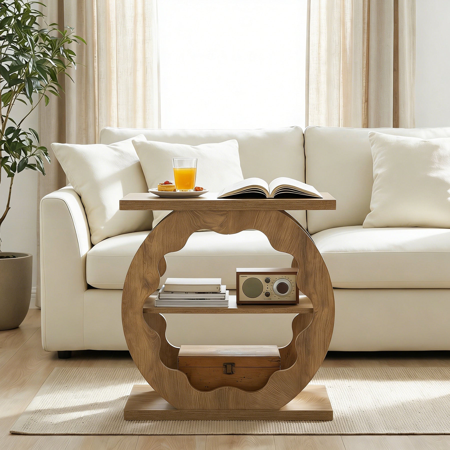 60 cm Smalle Bijzettafel met 3 Niveaus en Opbergrek, Houten Tafel voor Slaapkamer en Kleine Ruimtes