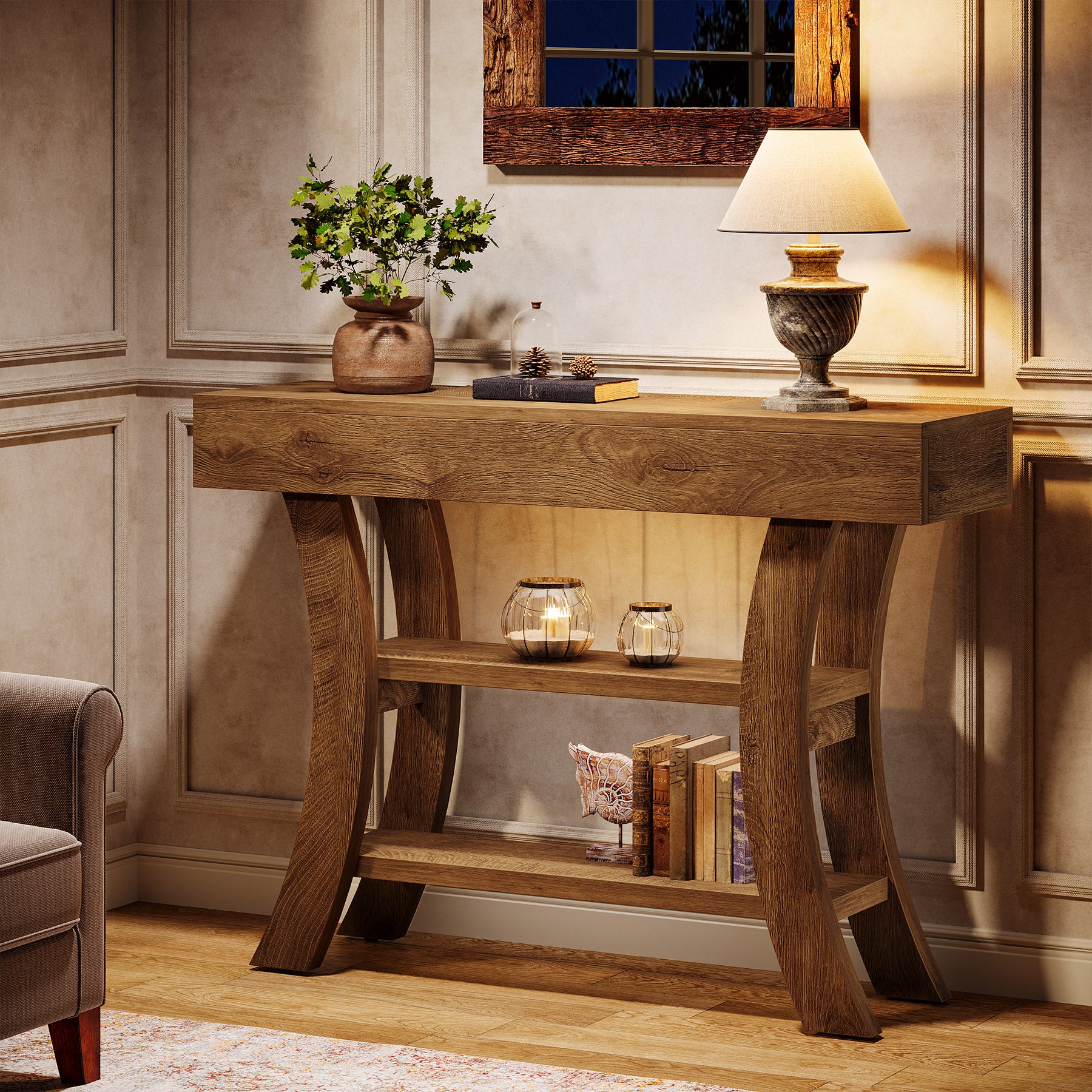 105 cm Landelijke Consoletafel, Drieplanken Salontafel met Gebogen Frame voor Hal