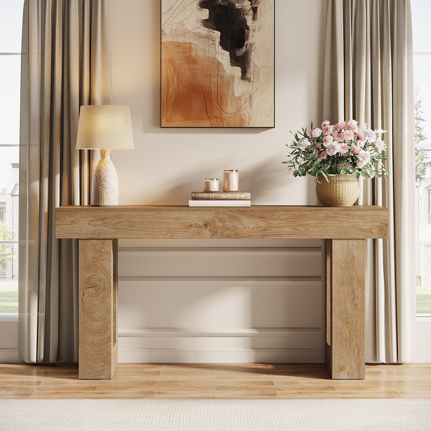 160 cm Landelijke Consoletafel, Natuurhouten Salontafel voor Hal en Woonkamer