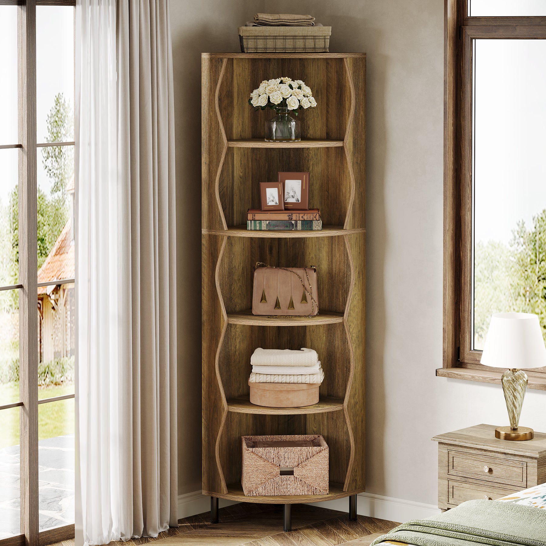 182 cm Hoge Hoekkast, Vijfplanken Opbergmeubel voor Woonkamer en Slaapkamer