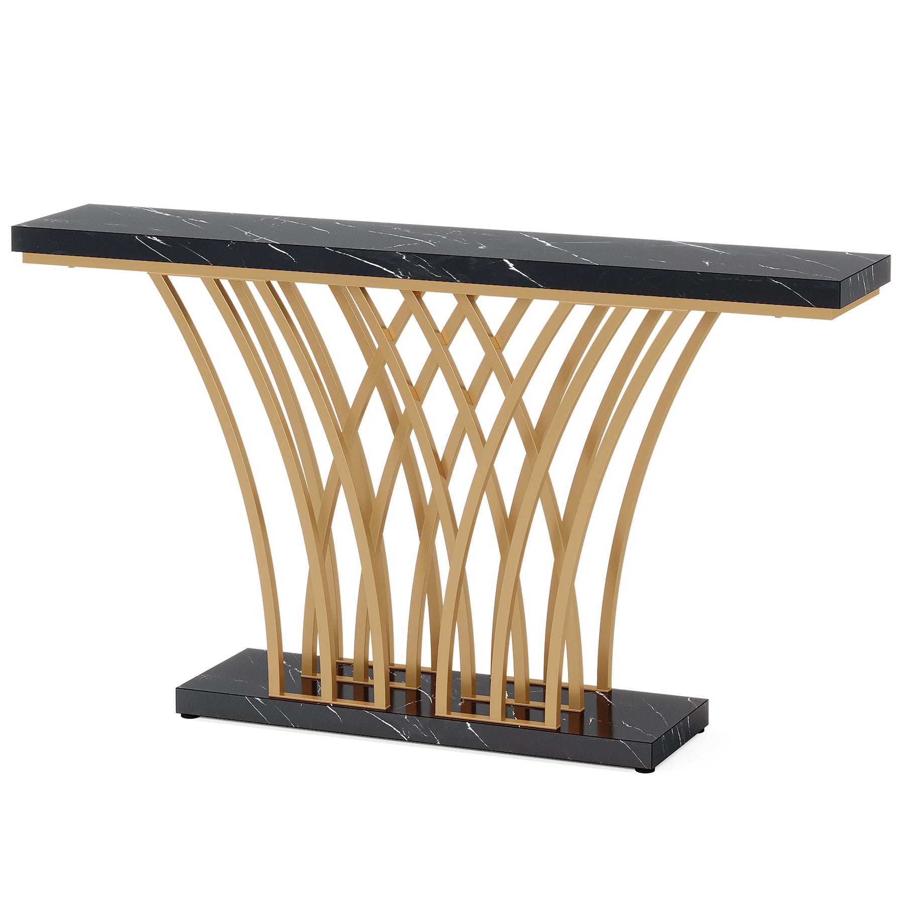 150 cm Gouden Consoletafel, Moderne Entreetafel met Raster Basis voor Hal en Woonkamer