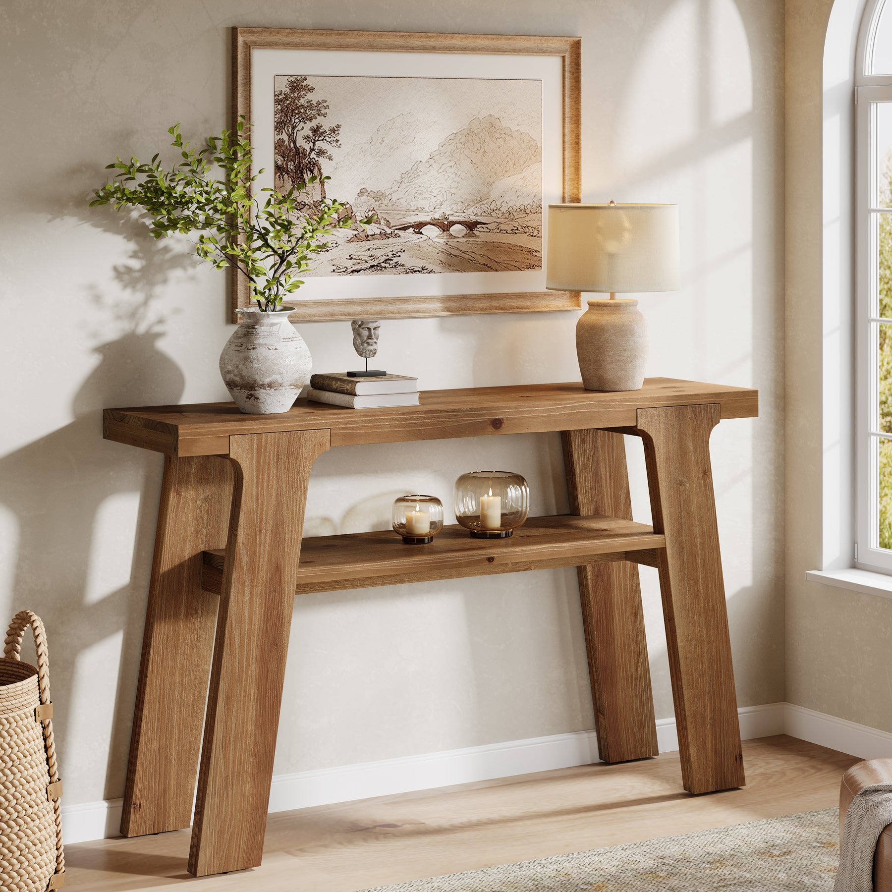 120 cm Houten Consoletafel, Massief Houten Bijzettafel met 2-Laden Opbergvak