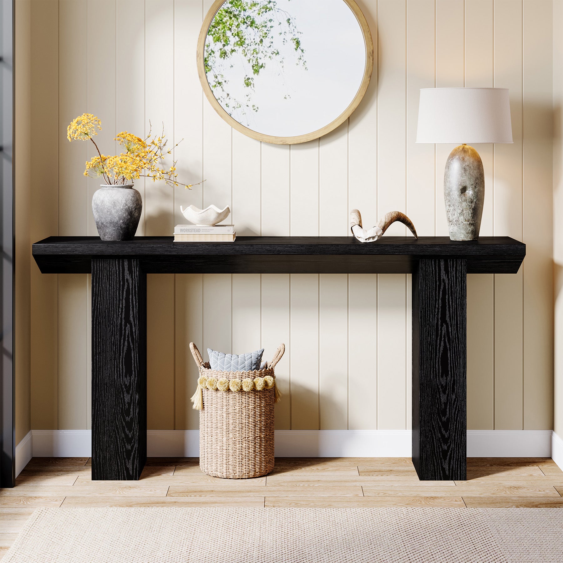 160 cm Smalle Salontafel voor Achter de Bank, Zwart Houten Haltafel voor Woonkamer en Entree