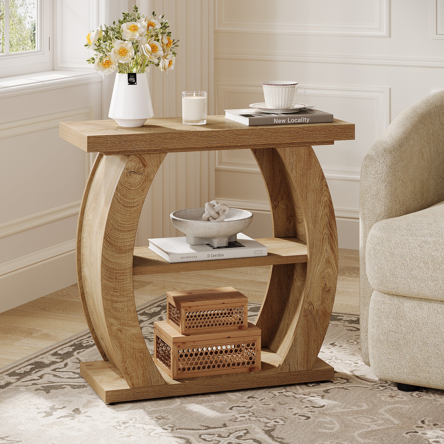 65 cm Smalle Bijzettafel met 3 Lagen Opslag, Landelijke Nachtkast met Gebogen Frame voor Woonkamer Slaapkamer