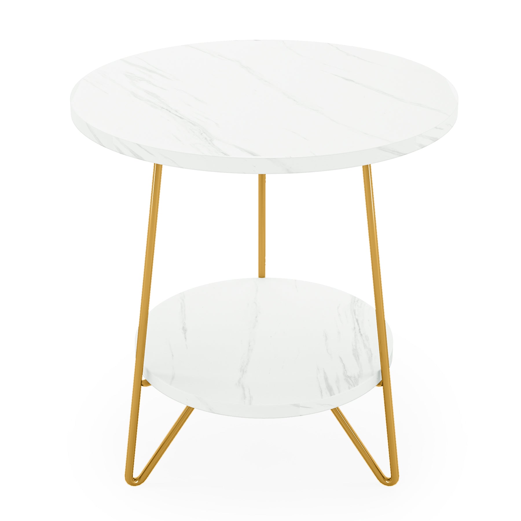 48 cm Ronde Bijzettafel met 2 Planken, Moderne Kunstmarmer Salontafel in Wit en Goud