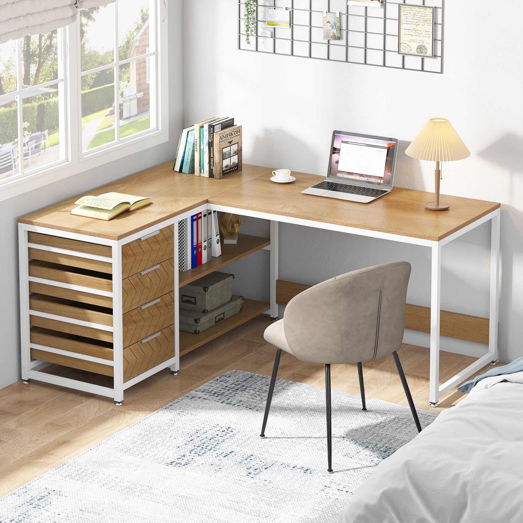150 cm L-vormig Bureau, Met 4 Laden en 2 Planken voor Kantoor en Werkkamer