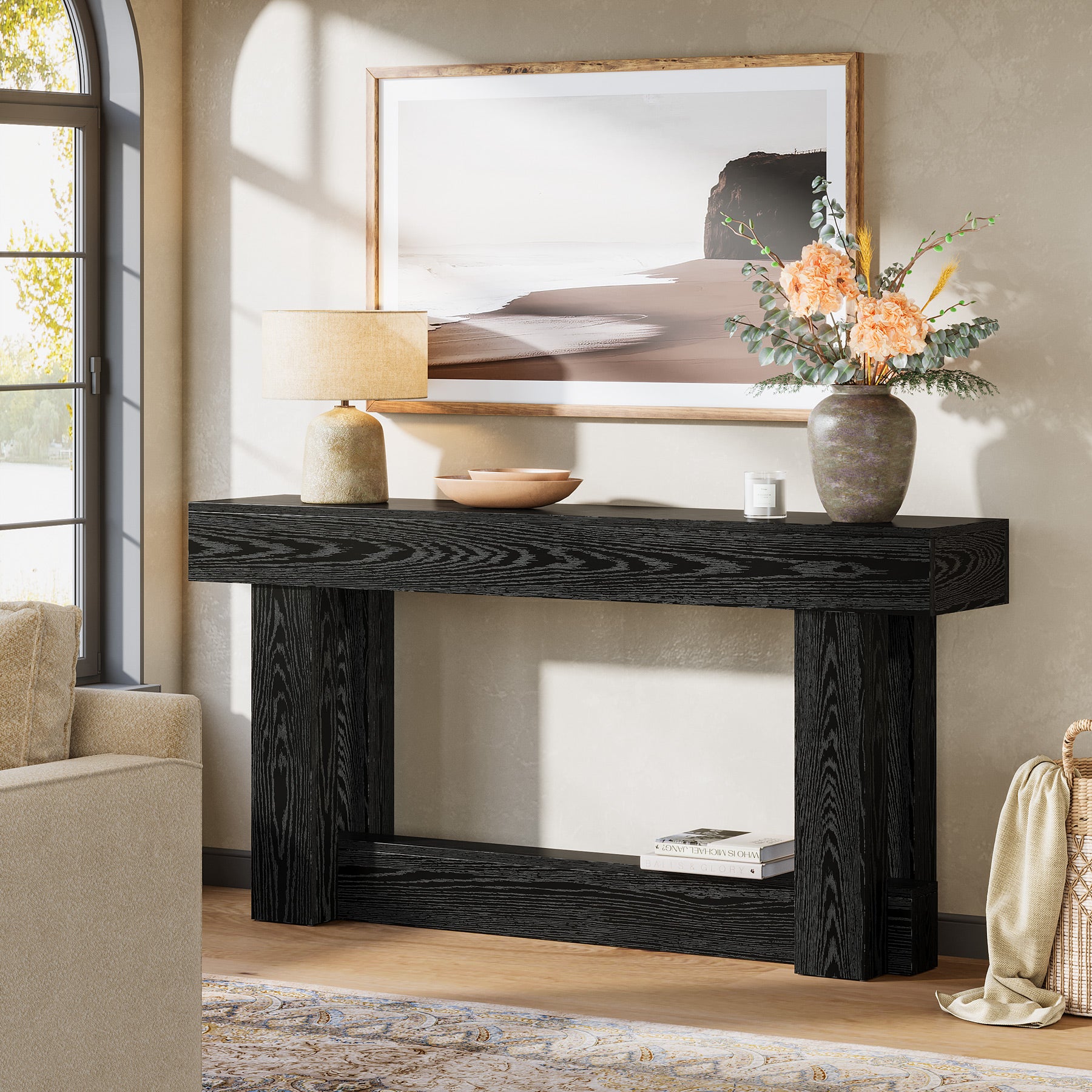 160 cm Lange Consoletafel met Opbergruimte, Tweelaags Bijzettafel in Warmbruin achter de Bank