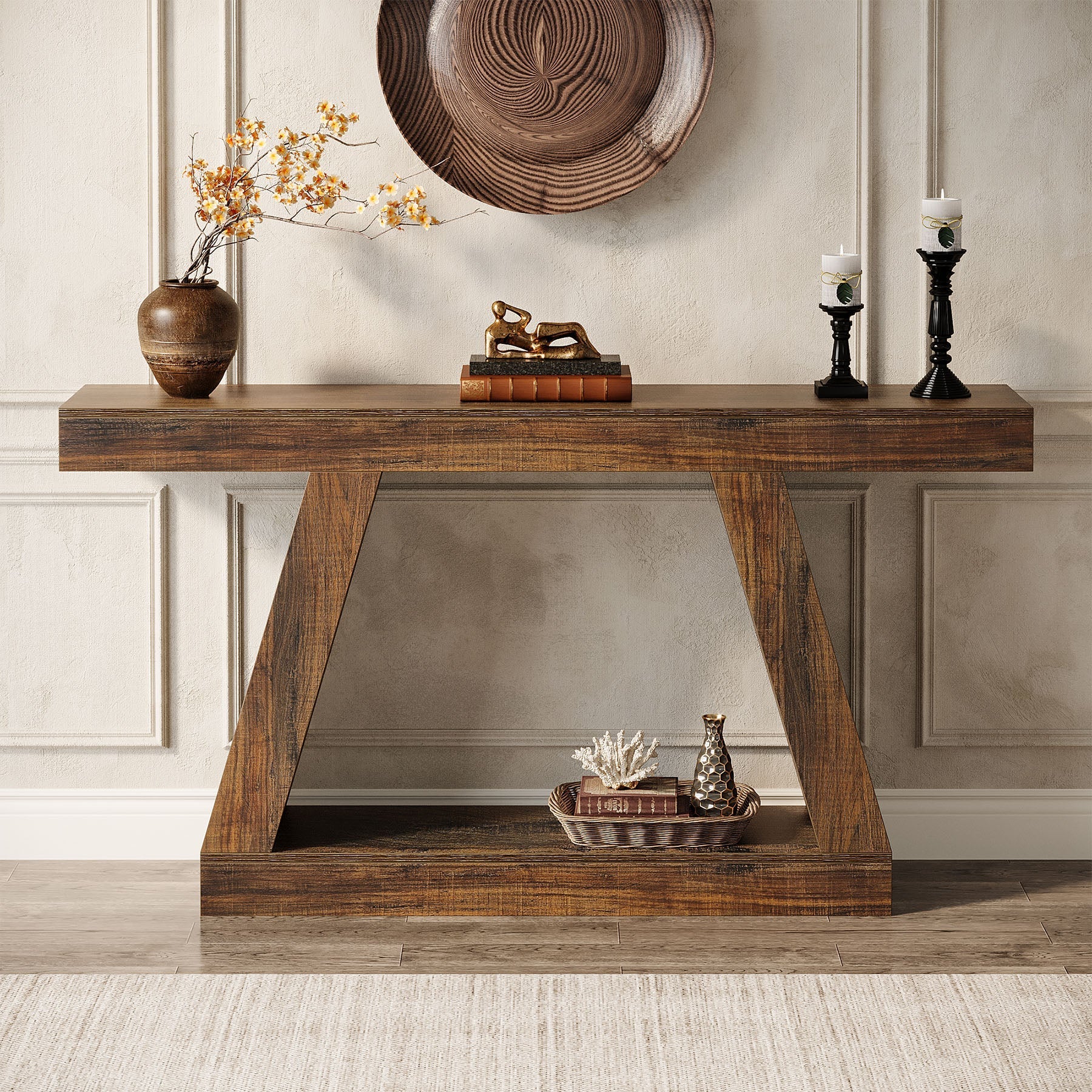 140 cm Landelijke Consoletafel, Industriële Houten Opbergtafel voor Hal en Woonkamer