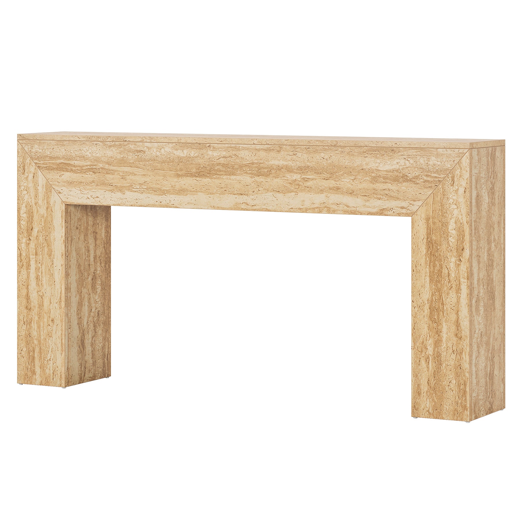 160 cm Moderne Houten Salontafel met Faux Travertine Afwerking, Smalle Banktafel voor Achter de Bank in Woonkamer