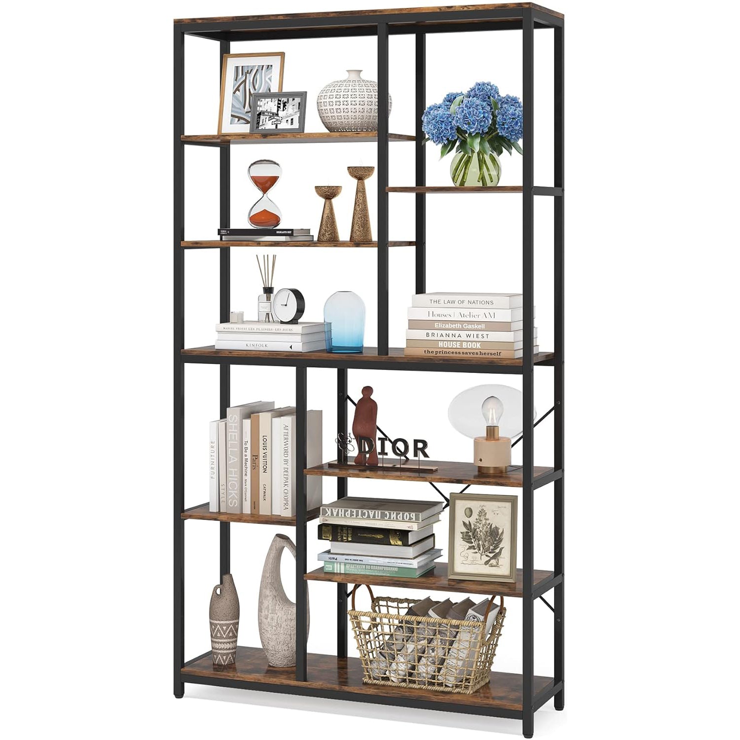 200 cm Hoge Boekenplank, 8-Laags Open Boekenkast met Brede Houten Etagère voor Woonkamer