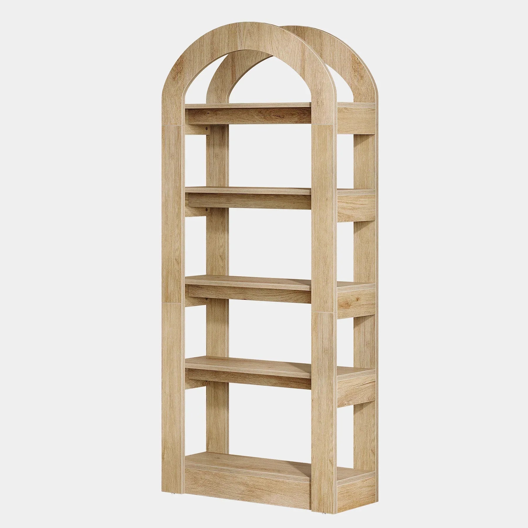 180 cm Hoge Boekenkast, Vijf Boogvormige Planken in Moderne Teak Kleur