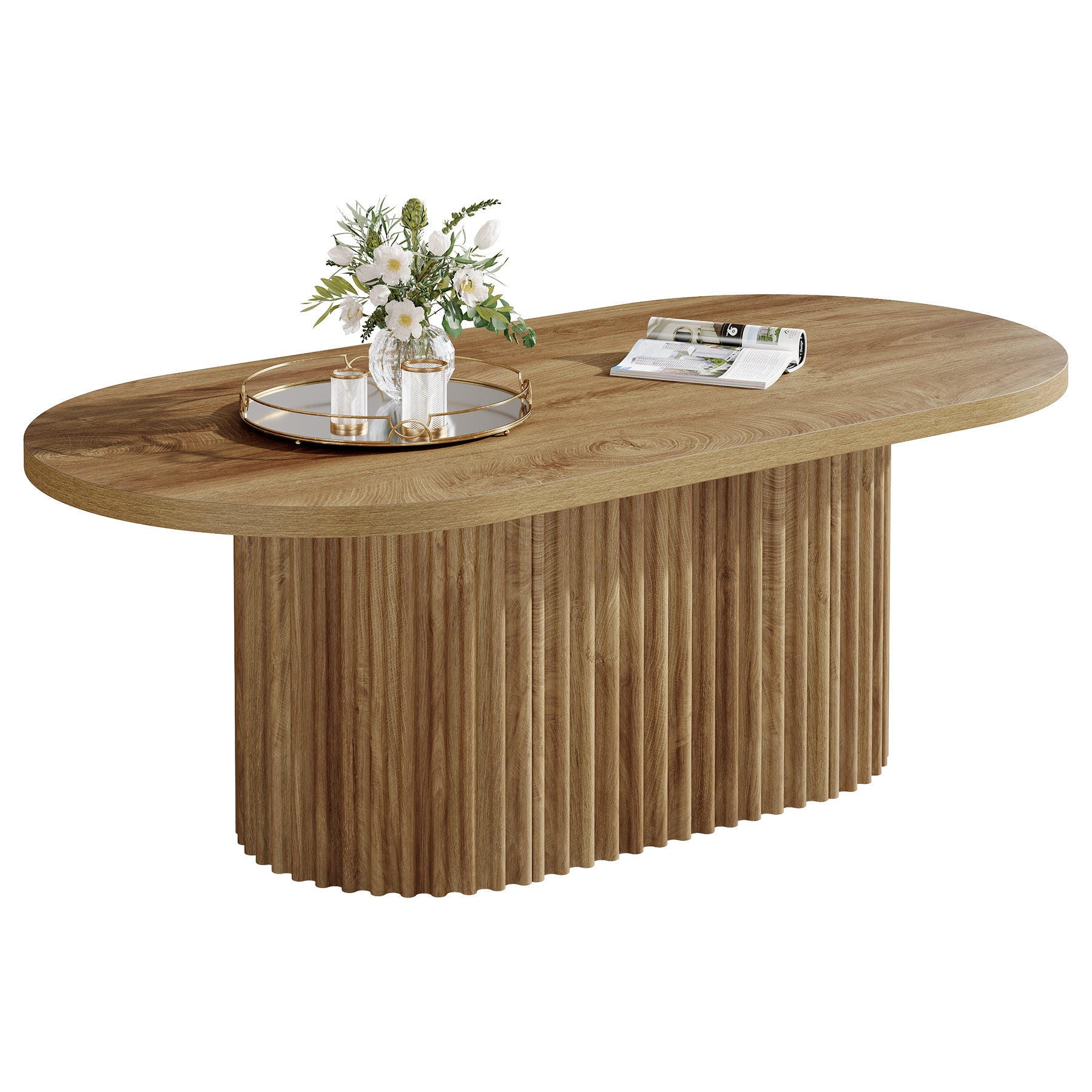 120 cm Ovale Salontafel in Landelijke Stijl, Houten Centertafel met Geribbelde Afwerking