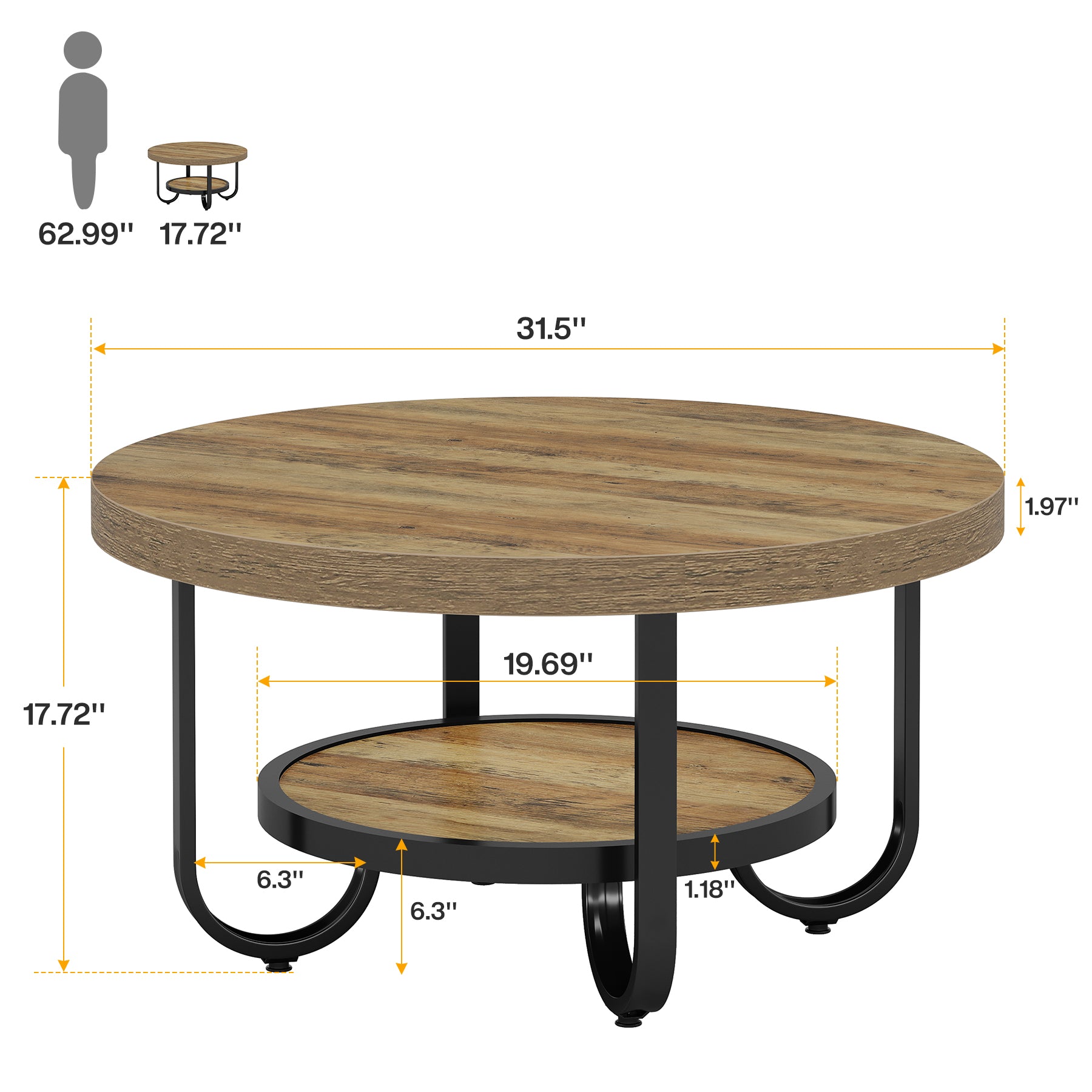 80 cm Ronde Salontafel voor Woonkamer, 2-Laagse Industriële Tafel met Opbergplank