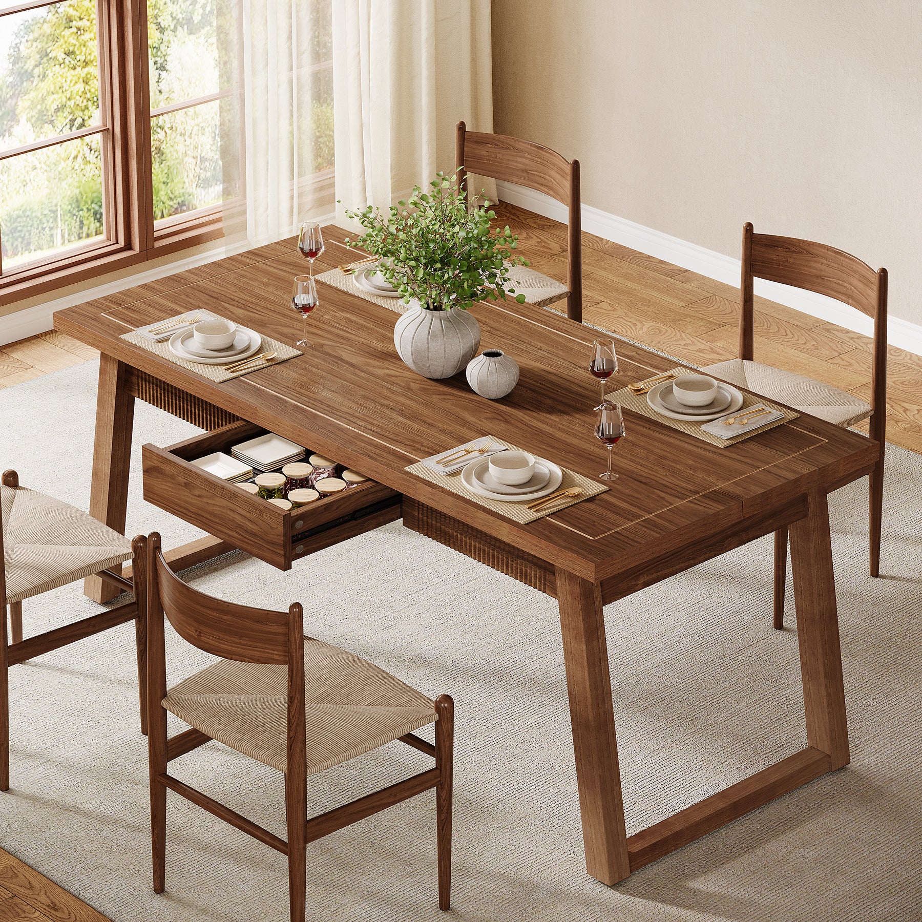 140 cm Rechthoekige Eettafel met Lade, Massief Houten Poten voor 4-6 Personen