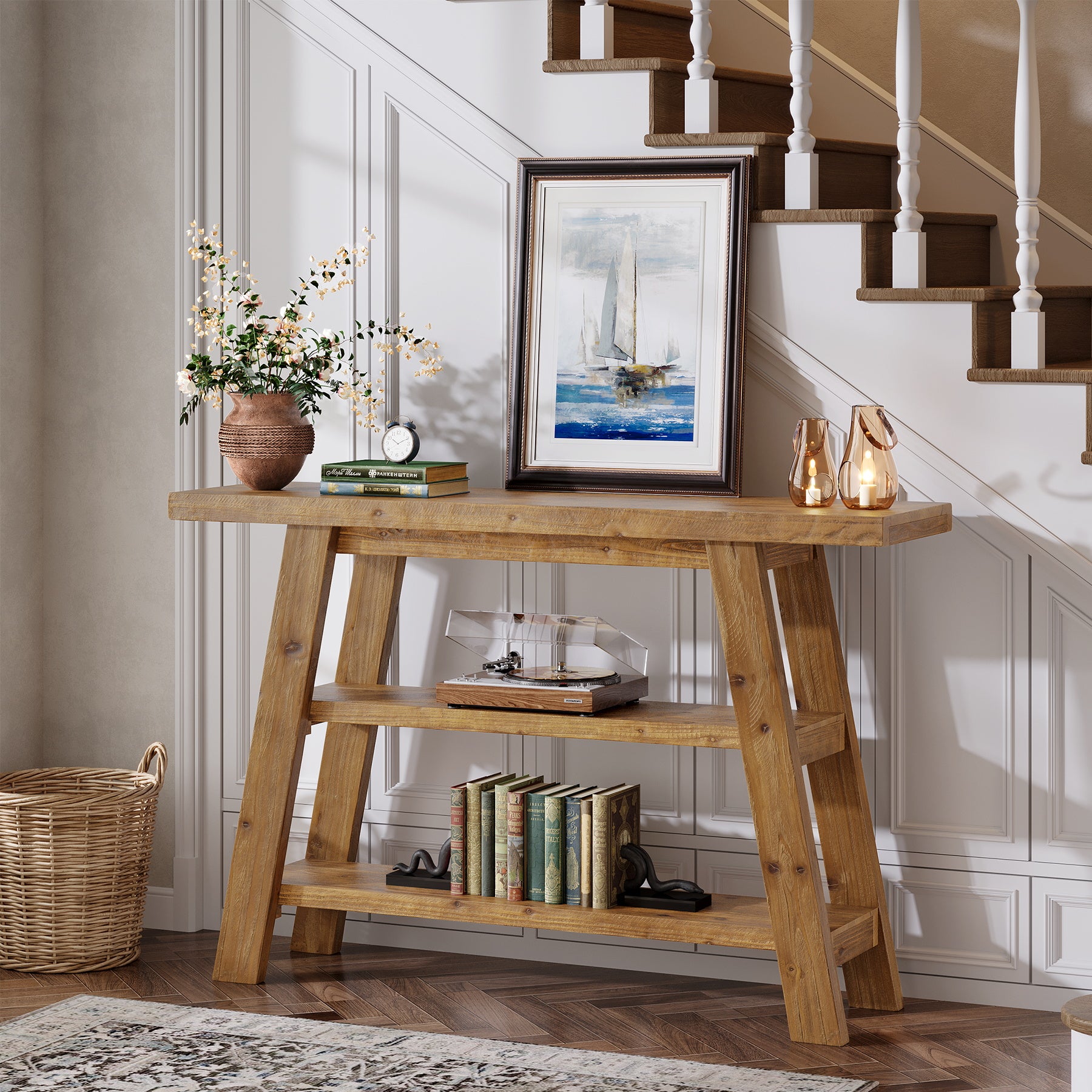 120 cm Tribesigns Massief Houten Consoletafel met 3 Niveaus, Smalle Boerderijstijl Entreetafel voor Hal en Woonkamer