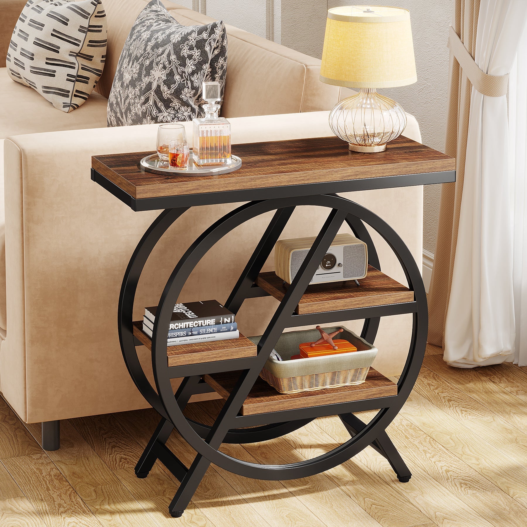 65 cm Drieplanken Bijzettafel, Industriële Houten Tafel met Geometrisch Frame voor Woonkamer