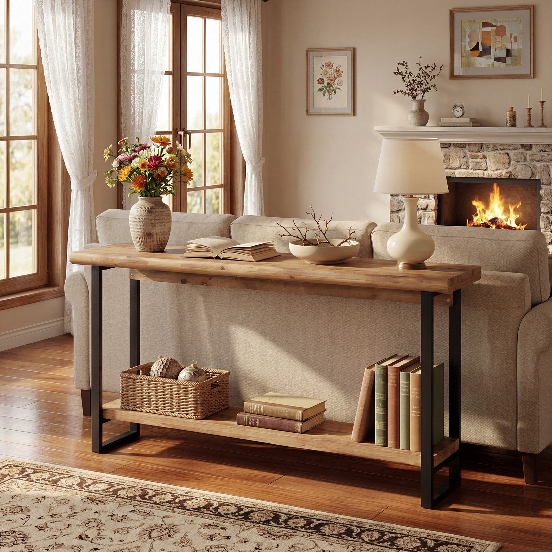 160 cm Massief Houten Live-Edge Consoletafel met Metalen Poten