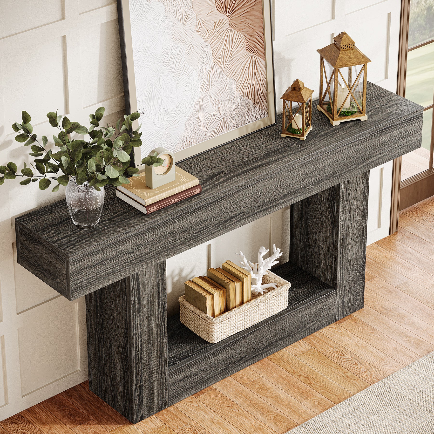 160 cm Boerenstijl Consoletafel, Tweelaagse Entreetafel met Opbergruimte in Rustiek Bruin