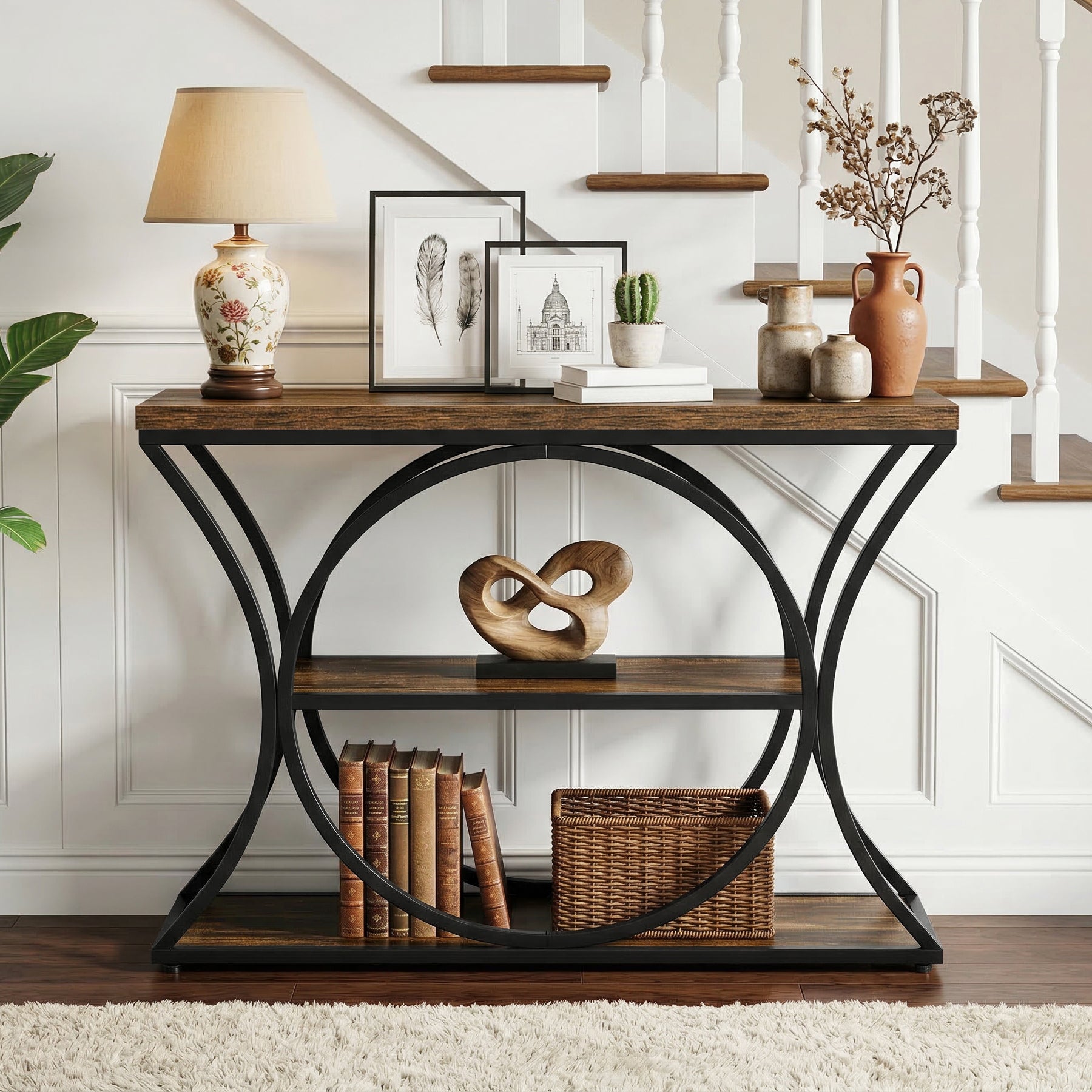105 cm Tribesigns Industriële Consoletafel, 3-Laagse Sidetable met Boogframe