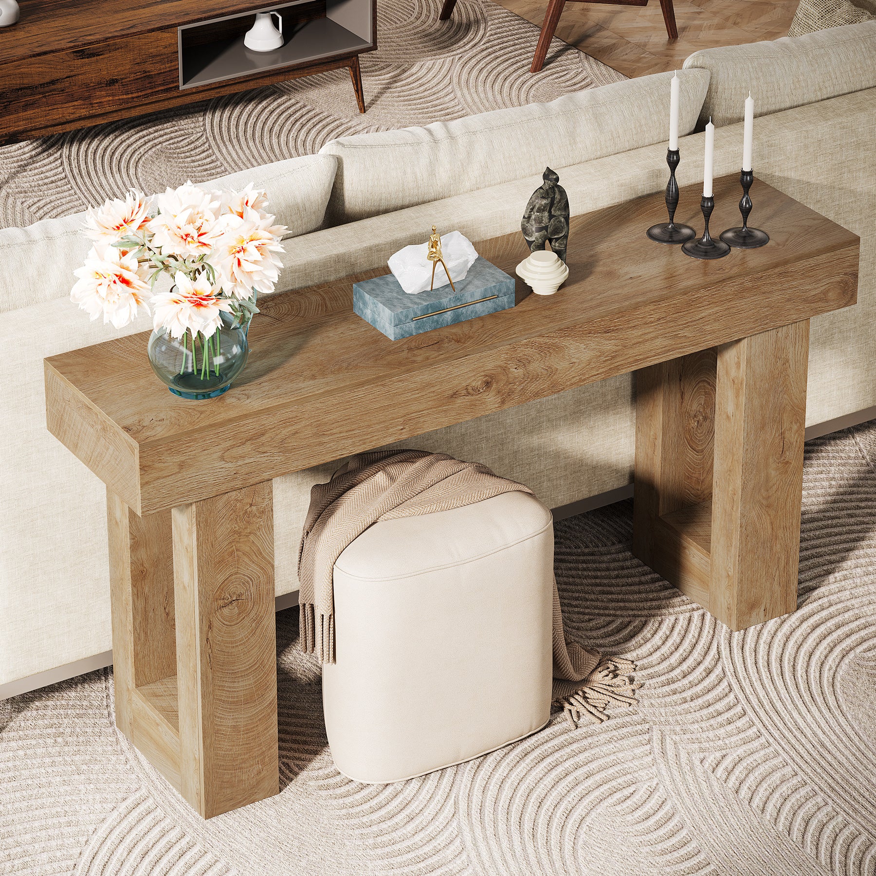 160 cm Landelijke Consoletafel, Natuurhouten Salontafel voor Hal en Woonkamer