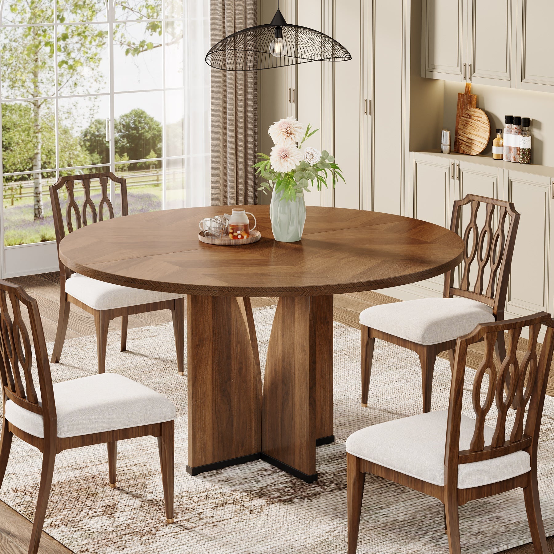 100 cm Ronde Eettafel voor Vier Personen, Landelijke Keukentafel met X-Vormige Voet