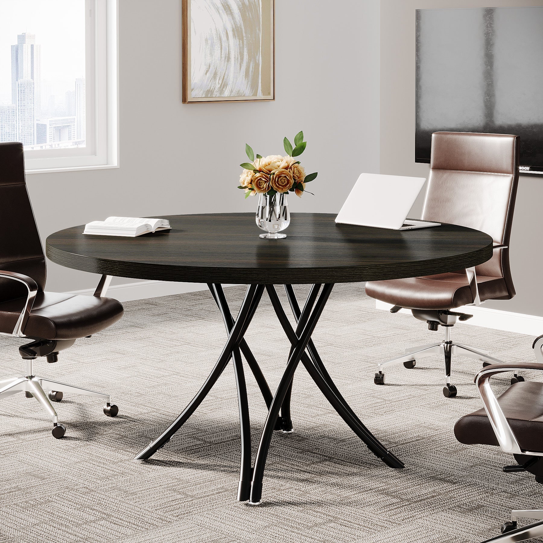 Ronde Vergadertafel van 120 cm, Moderne Zwarte Tafel voor Kantoorruimte