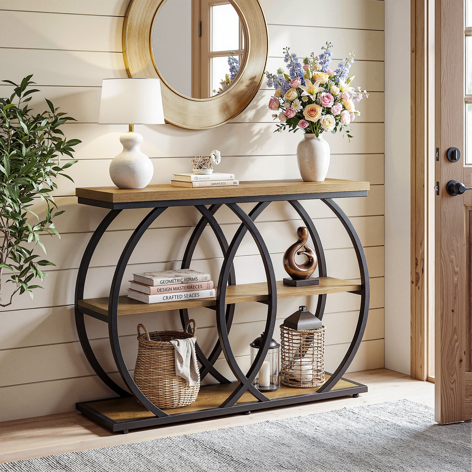 105 cm Industriële Consoletafel, 3-laags Sidetable met Opbergruimte
