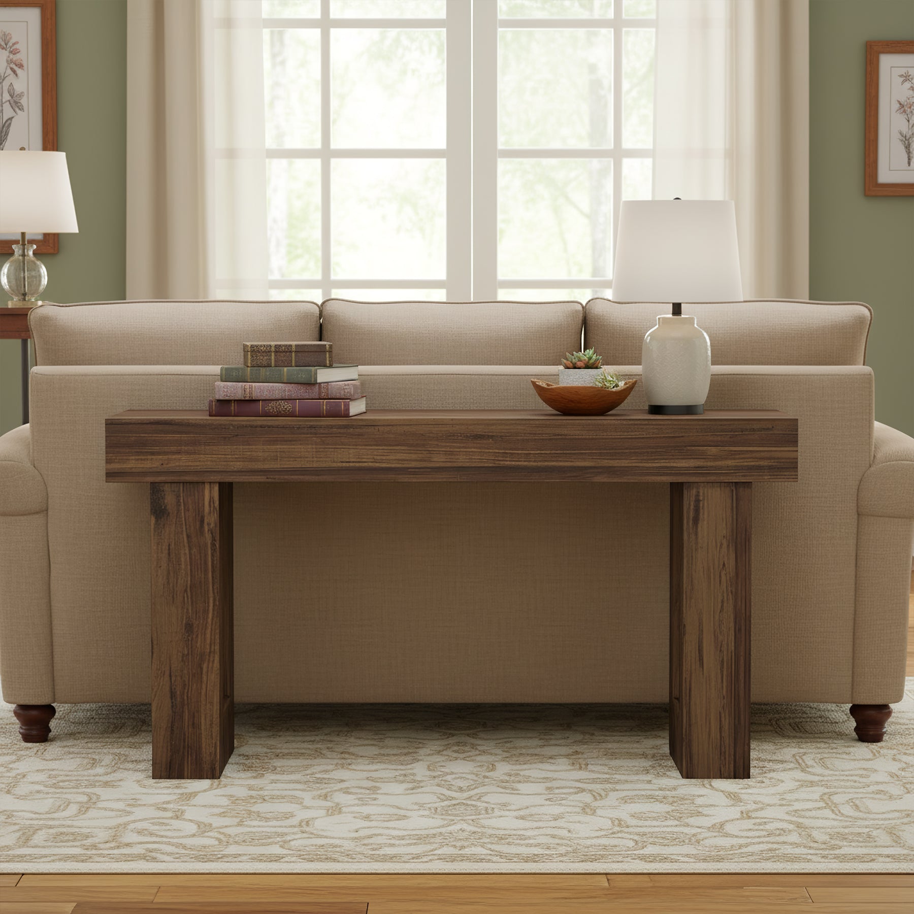 160 cm Landelijke Consoletafel met Massief Houten Poten, Houten Sofa-tafel voor Hal en Woonkamer