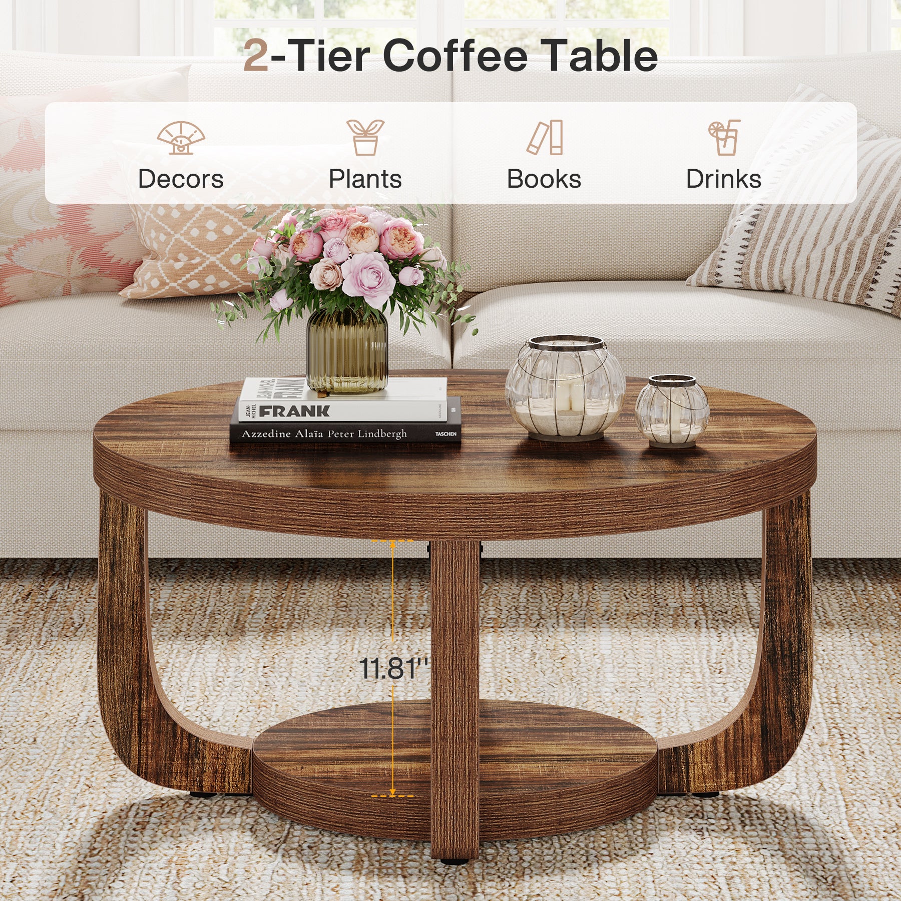 Ronde Salontafel van 80 cm met 2 Lagen en Opbergruimte, Moderne Houten Accenttafel in Rustiek Bruin voor Woonkamer