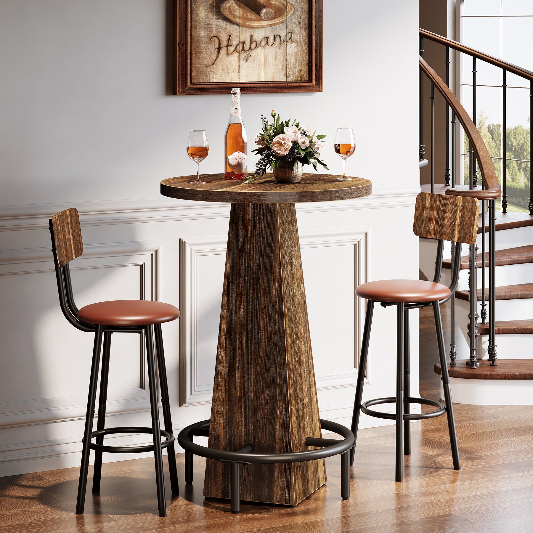95 cm Ronde Bartafel met Metalen Voetring, Houten Bistro Statafel