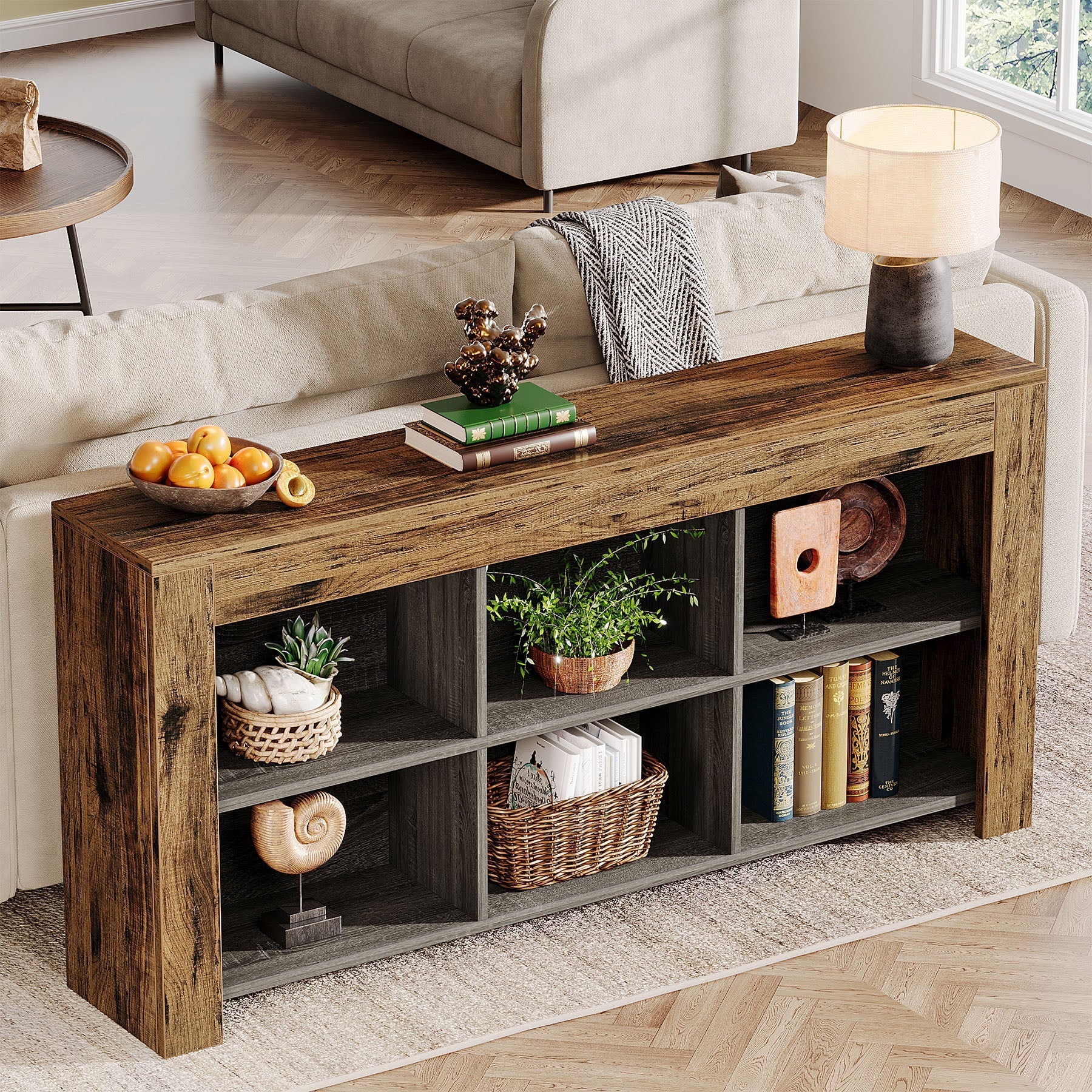 160 cm Consoletafel, Houten Tafel met 6 Opbergvakken voor Entree en Hal