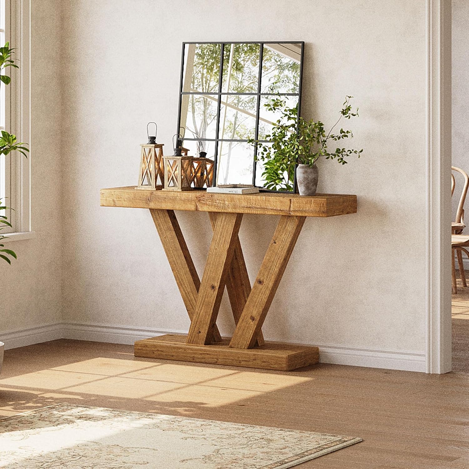 119 cm Massief Houten Salontafel, Smalle Vintage Banktafel voor Hal
