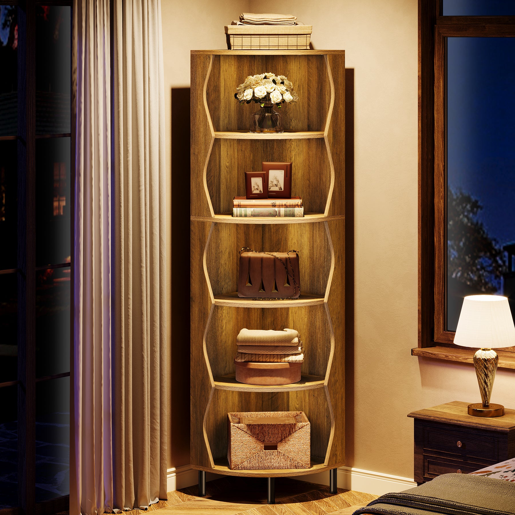 182 cm Hoge Hoekkast, Vijfplanken Opbergmeubel voor Woonkamer en Slaapkamer