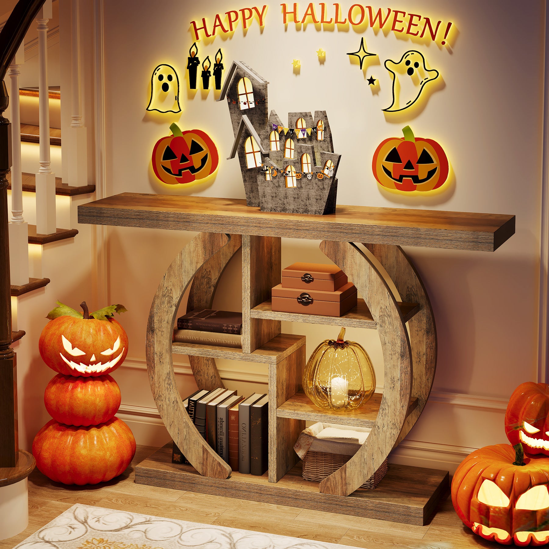 108 cm Houten Consoletafel met 4 Lagen Opslag en Cirkelvormige Basis