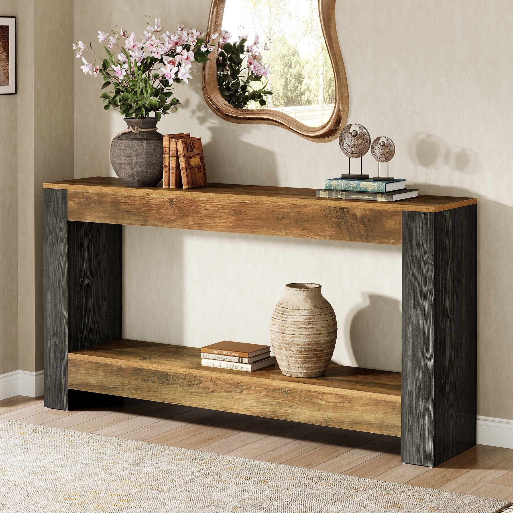 160 cm Landelijke Consoletafel in Rustiek Bruin en Zwart, Houten Sofa- en Haltafel voor Woonkamer en Entree