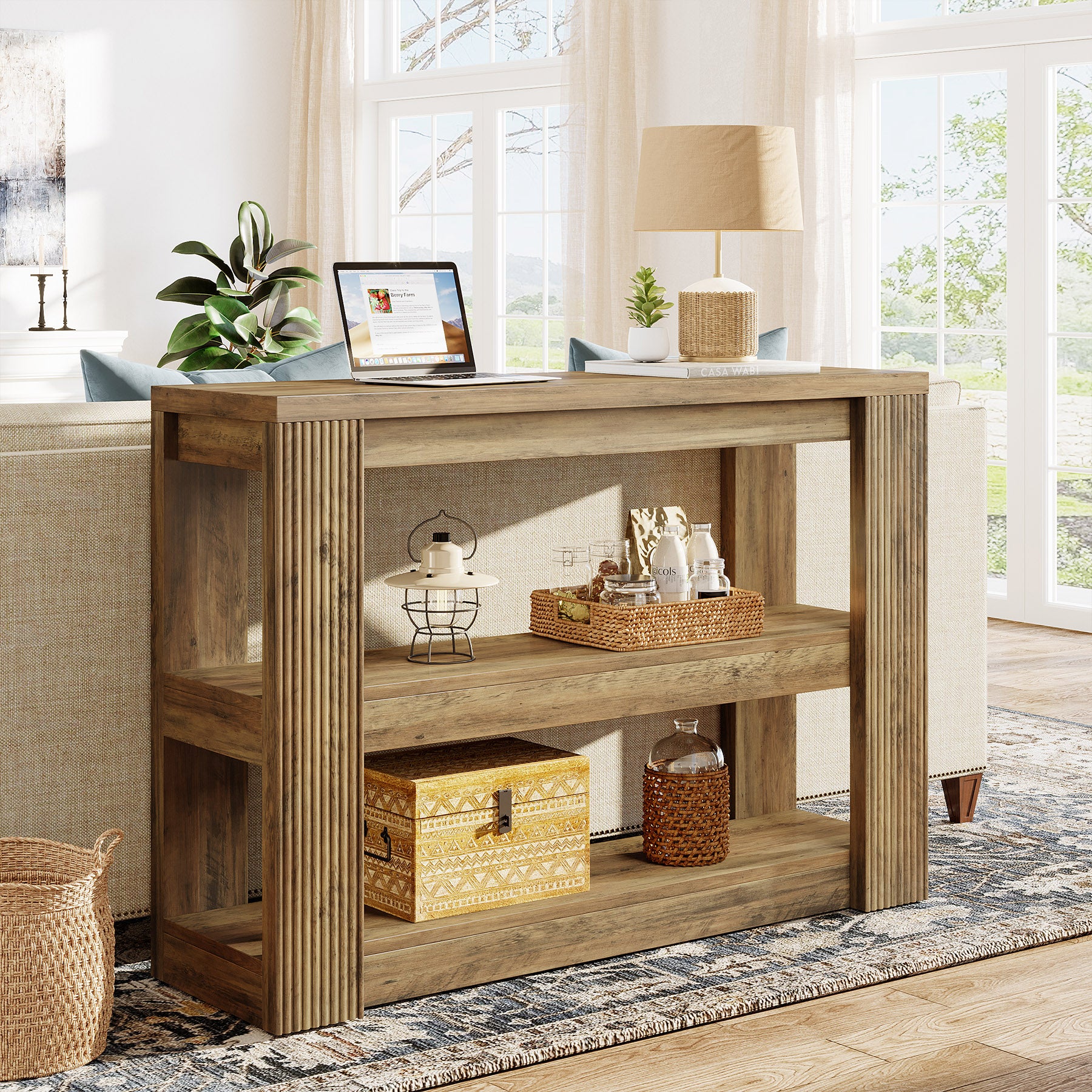105 cm Landelijke Consoletafel met 3 Planken, Smalle Banktafel
