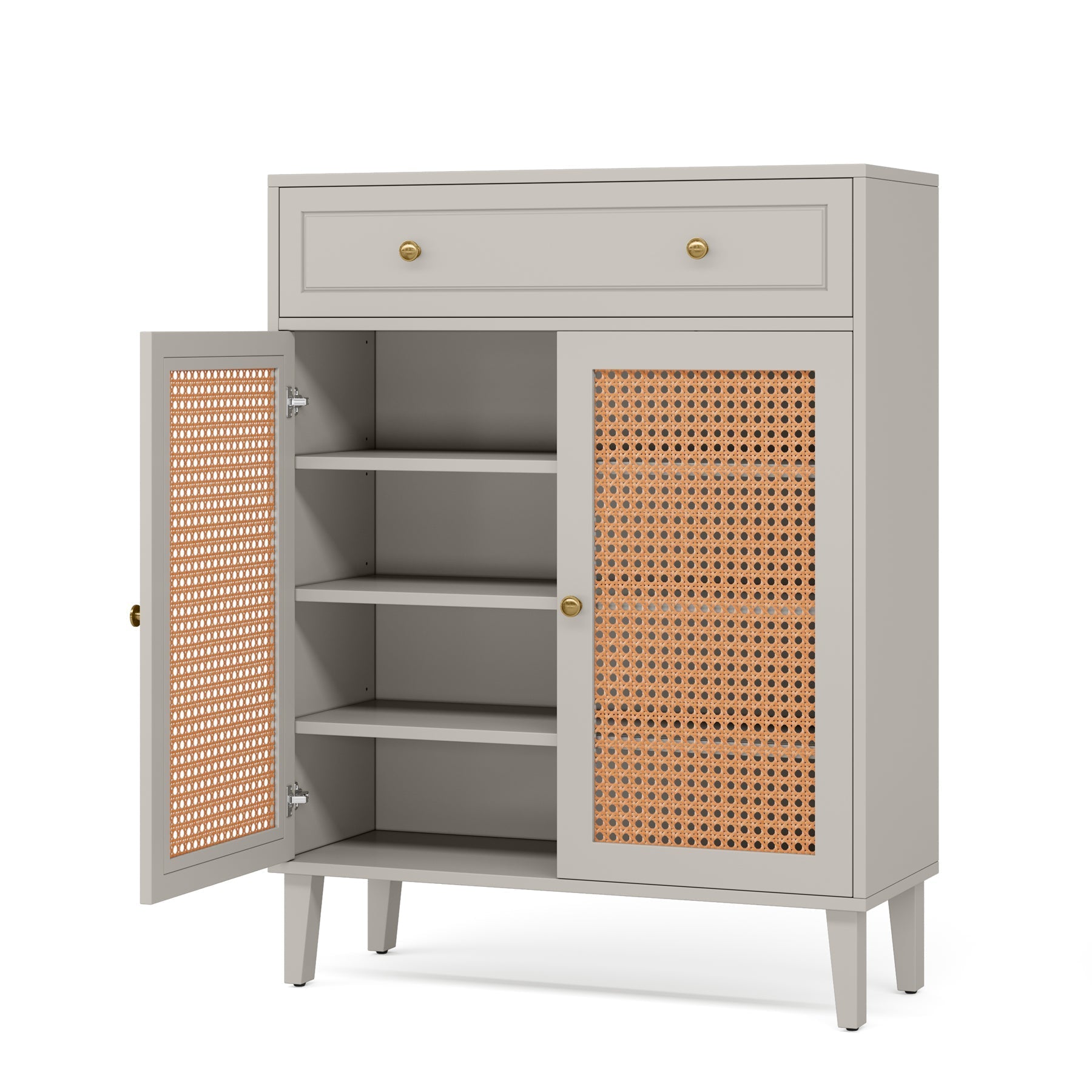 110 cm Schoenenkast, Mintgroene Rotan Opbergkast met Deuren en Lade voor Hal