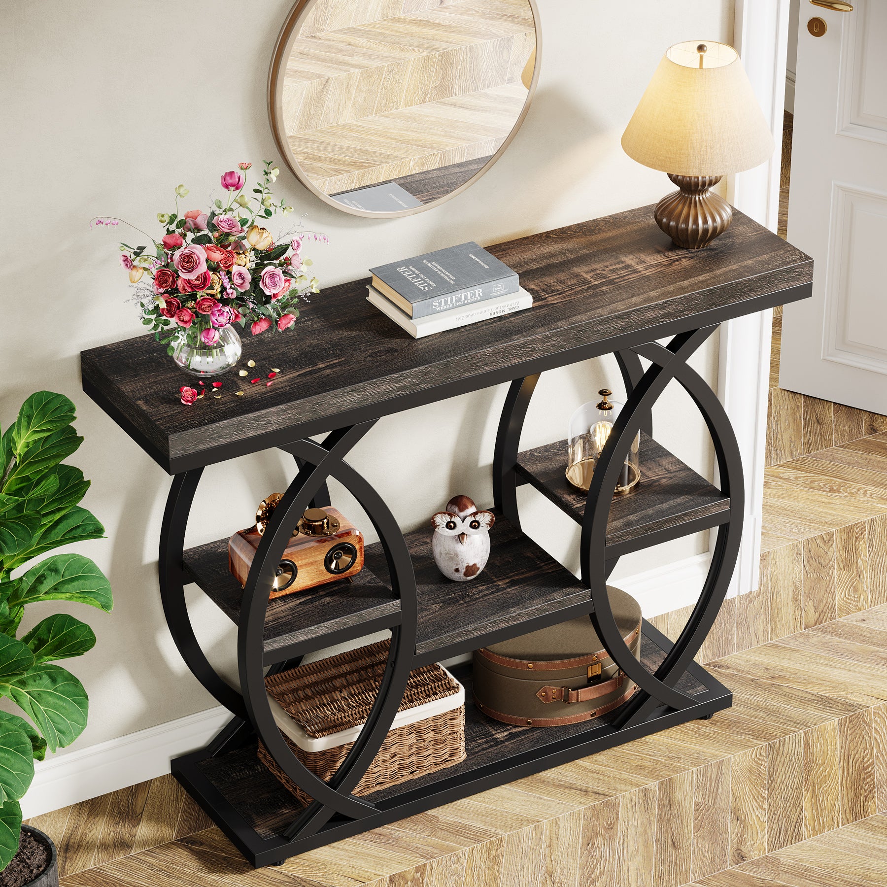 Industrieel Consoletafel 100 cm met 4 Opbergplanken, Smalle Houten Bijzettafel voor hal en Kleine Ruimtes