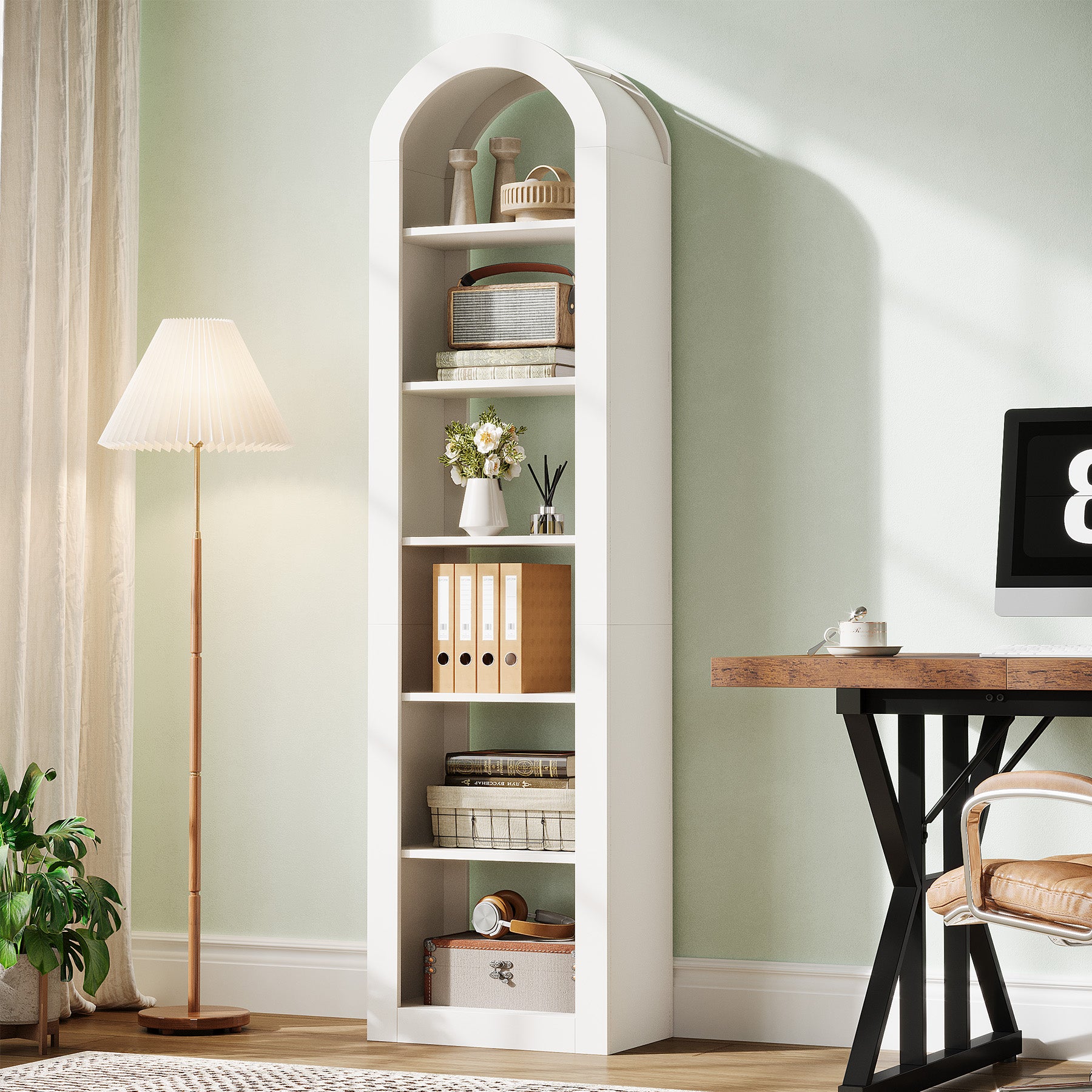 190 cm Boogvormige Boekenkast met 6 Niveaus, Smalle Open Boekenkast voor Display en Opbergen
