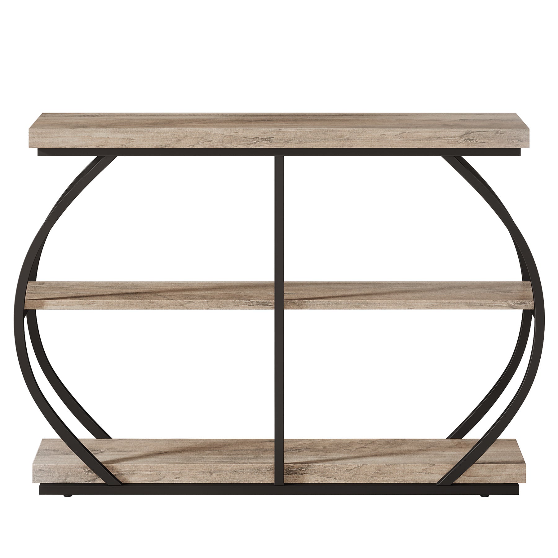 105 cm Industriële Consoletafel met 3 Planken, Gebogen Metalen Frame voor Woonkamer en Hal