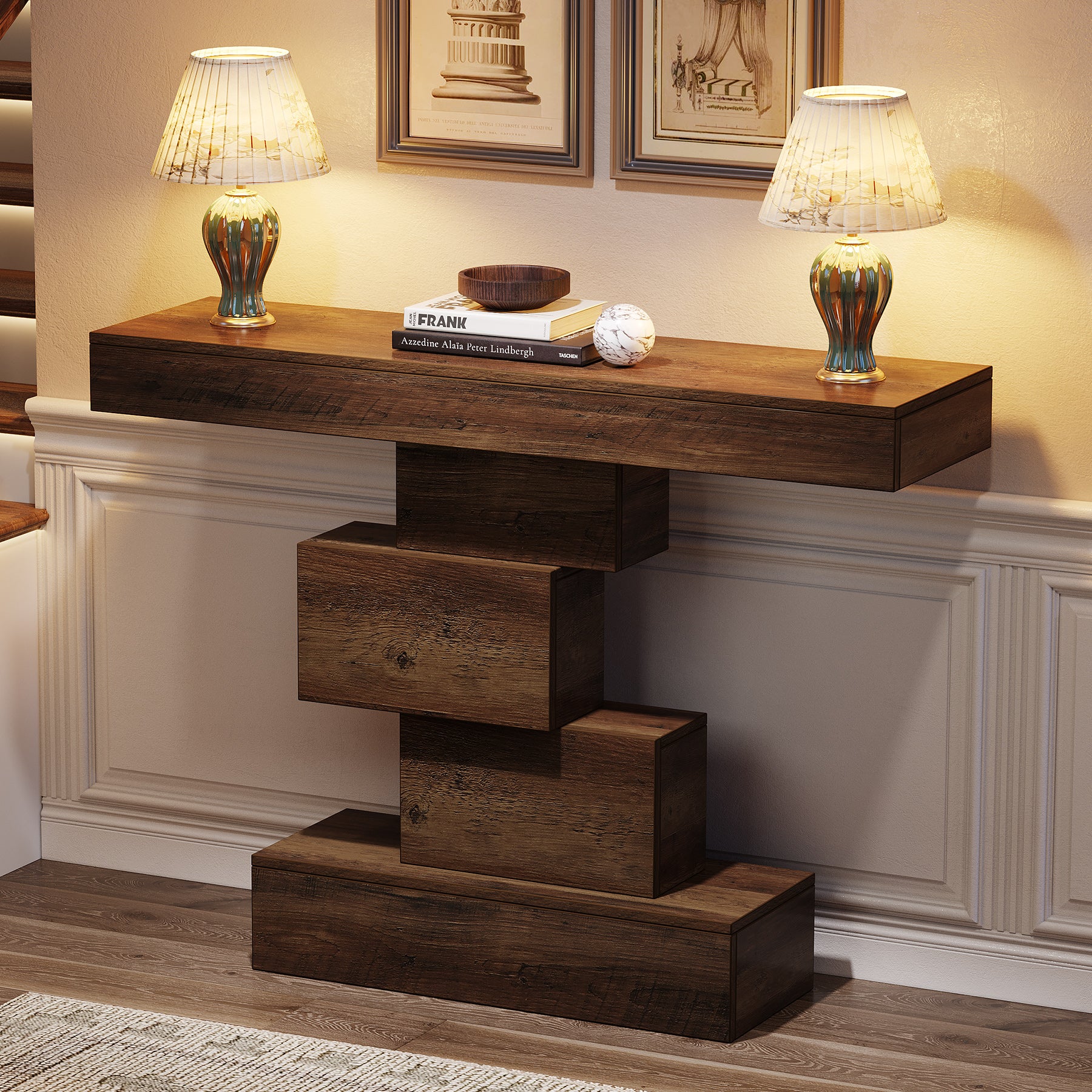 108 cm Landelijke Console, Industriële Bijzettafel met Geometrische Basis voor Hal en Woonkamer