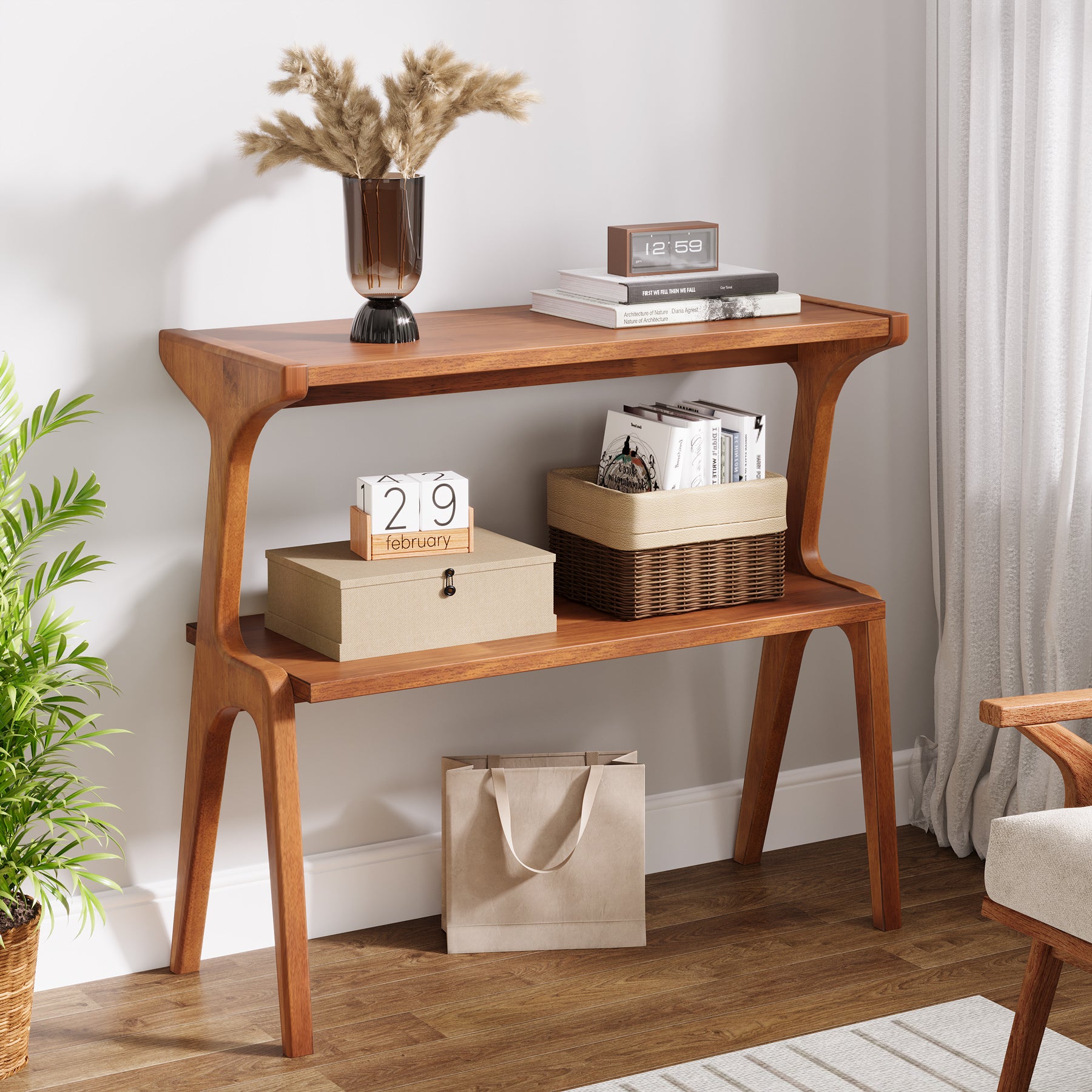 70 cm Tribesigns Bijzettafel van Massief Hout, Smalle 2-Laagse Tafel met Legplanken