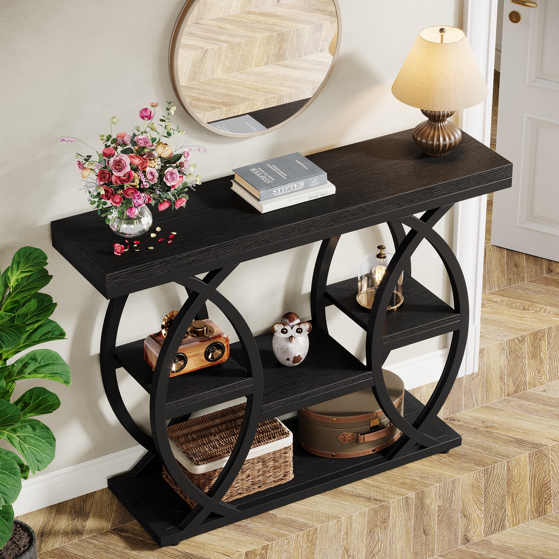 Industrieel Consoletafel 100 cm met 4 Opbergplanken, Smalle Houten Bijzettafel voor hal en Kleine Ruimtes