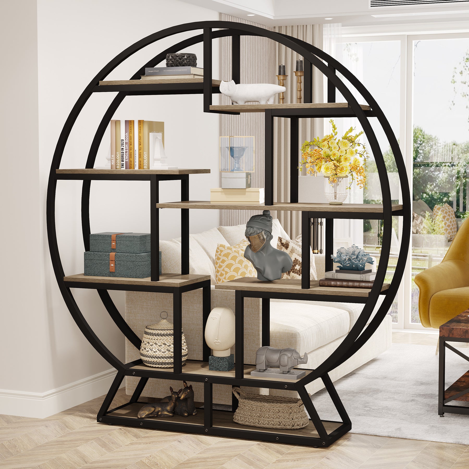 160 cm Ronde Boekenkast, Vijfplanken Opbergmeubel voor Kantoor en Woonkamer