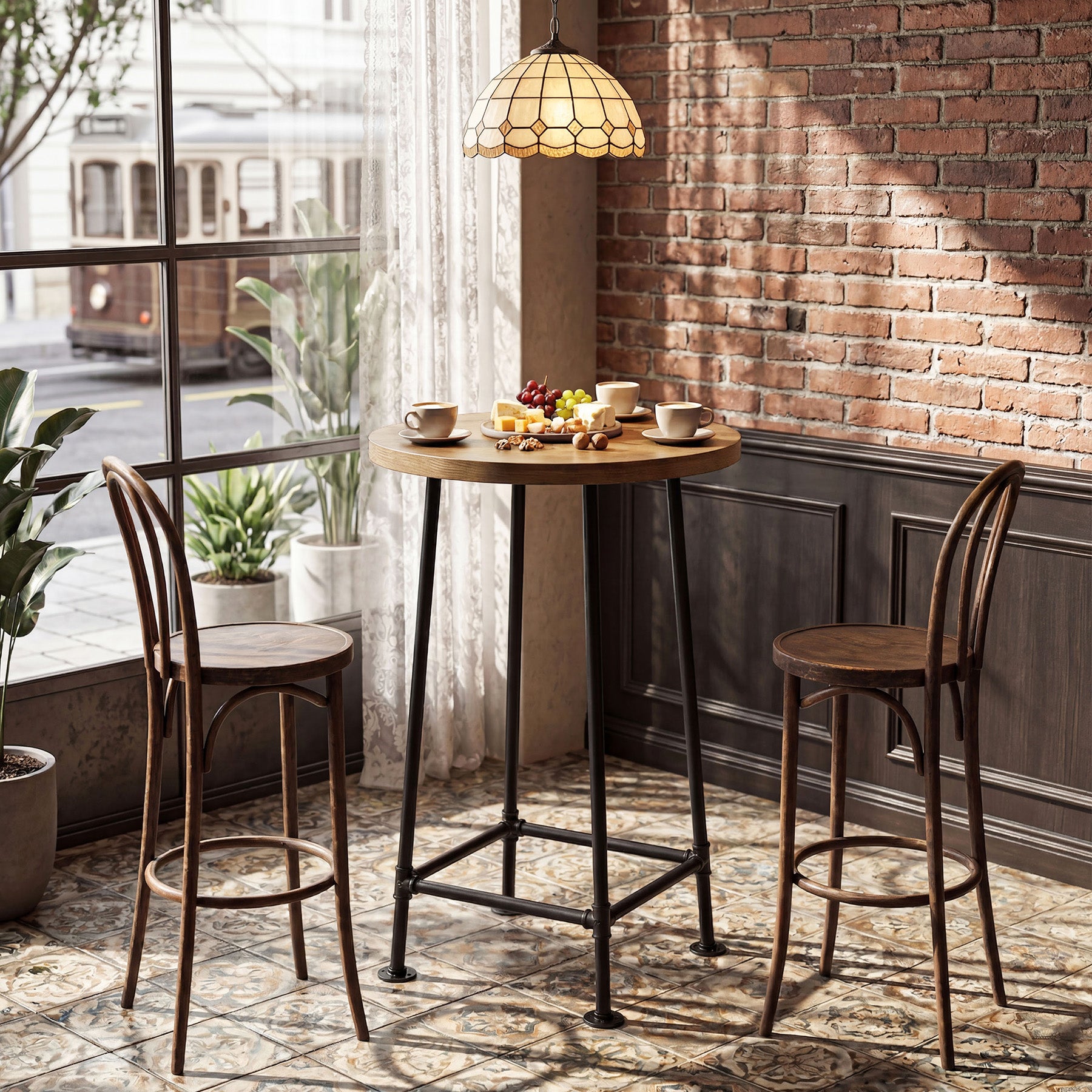95 cm Ronde Bartafel met Metalen Voetsteun, Industriële Statafel voor Keuken en Bistro (Alleen Tafel)