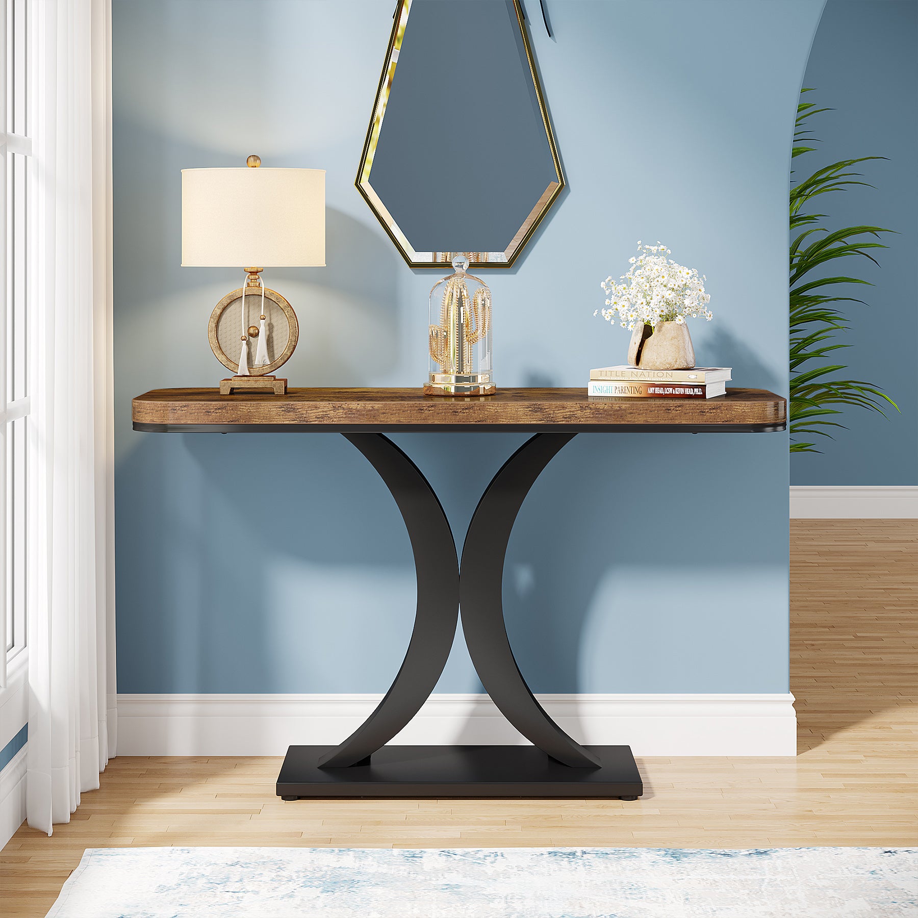 100 cm Industriële Consoletafel, Smalle Haltafel met Geometrische Basis voor Entree