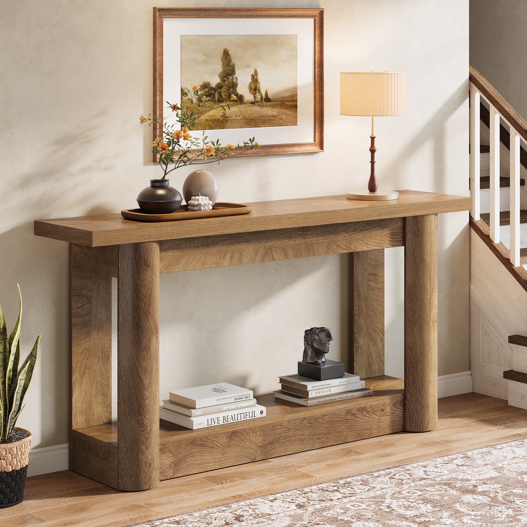 160 cm Landelijke Console met 2 Planken, Smalle Lange Salontafel in Rustiek Bruin voor Hal en Entree
