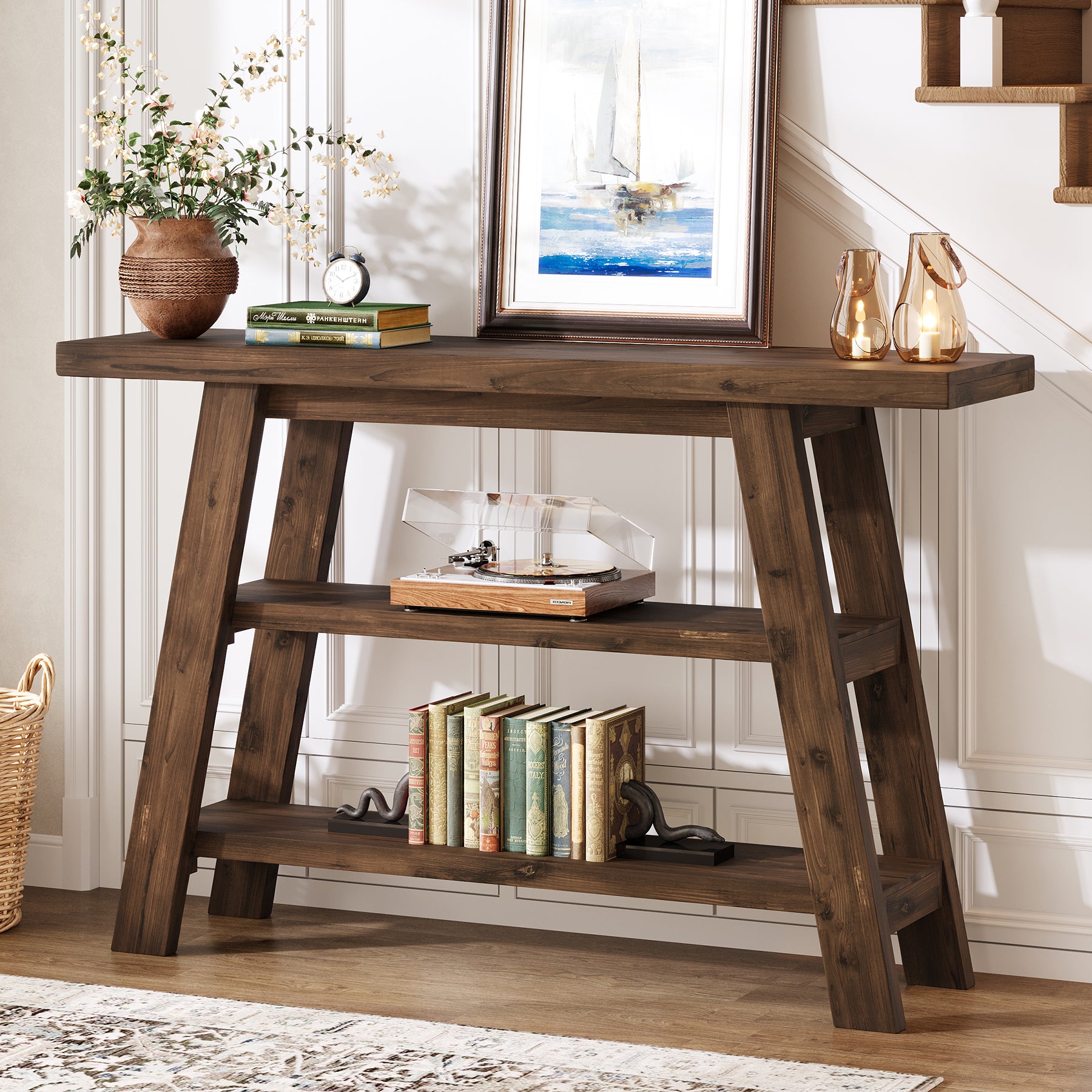 120 cm Tribesigns Massief Houten Consoletafel met 3 Niveaus, Smalle Boerderijstijl Entreetafel voor Hal en Woonkamer