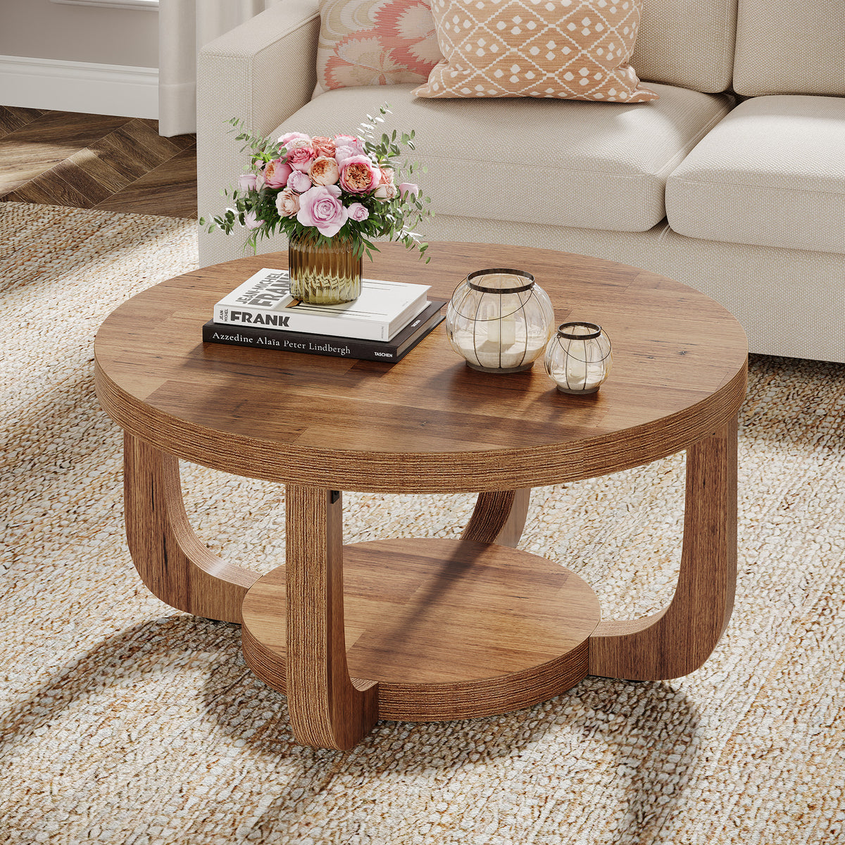 Ronde Salontafel van 80 cm met 2 Lagen en Opbergruimte, Moderne Houten Accenttafel in Rustiek Bruin voor Woonkamer